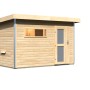 Karibu Saunahaus Hendrik 1 aus naturbelassenem Holz mit Fenster und Milchglastür.