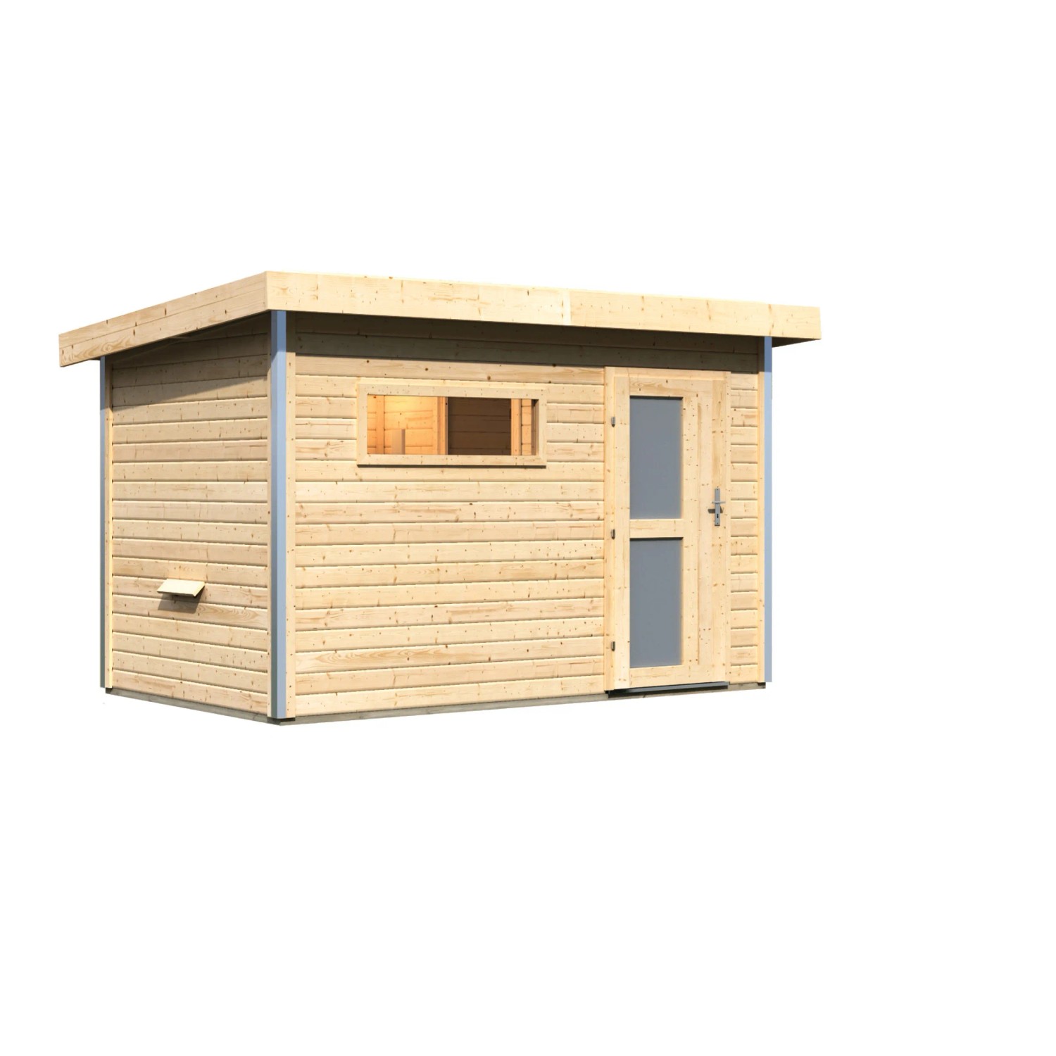 Karibu Saunahaus Hendrik 1 aus naturbelassenem Holz mit Fenster und Milchglastür.