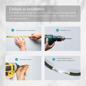 Installationsschritte für Emke LED Badspiegel: Lochabstand messen, bohren, Schrauben drehen, Kabel verbinden. Einfache Montage.