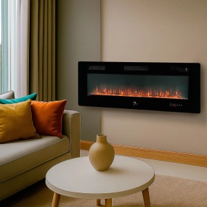 Schwarzer Wand-Elektrokamin mit realistischem LED-Flammeneffekt in modernem Wohnzimmer. Schafft gemütliche Wärme.