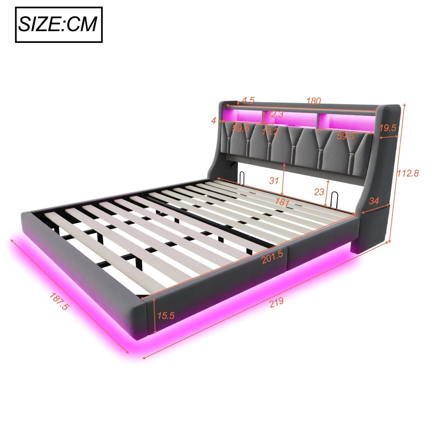 okwish Polsterbett 180x200cm mit LED Steckdose Ablage Schlafzimmer Grau ohne Matratze_5