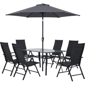 8-teilige Sitzgruppe Townsville in Anthrazit mit Tisch, 6 Stühlen und Sonnenschirm.
