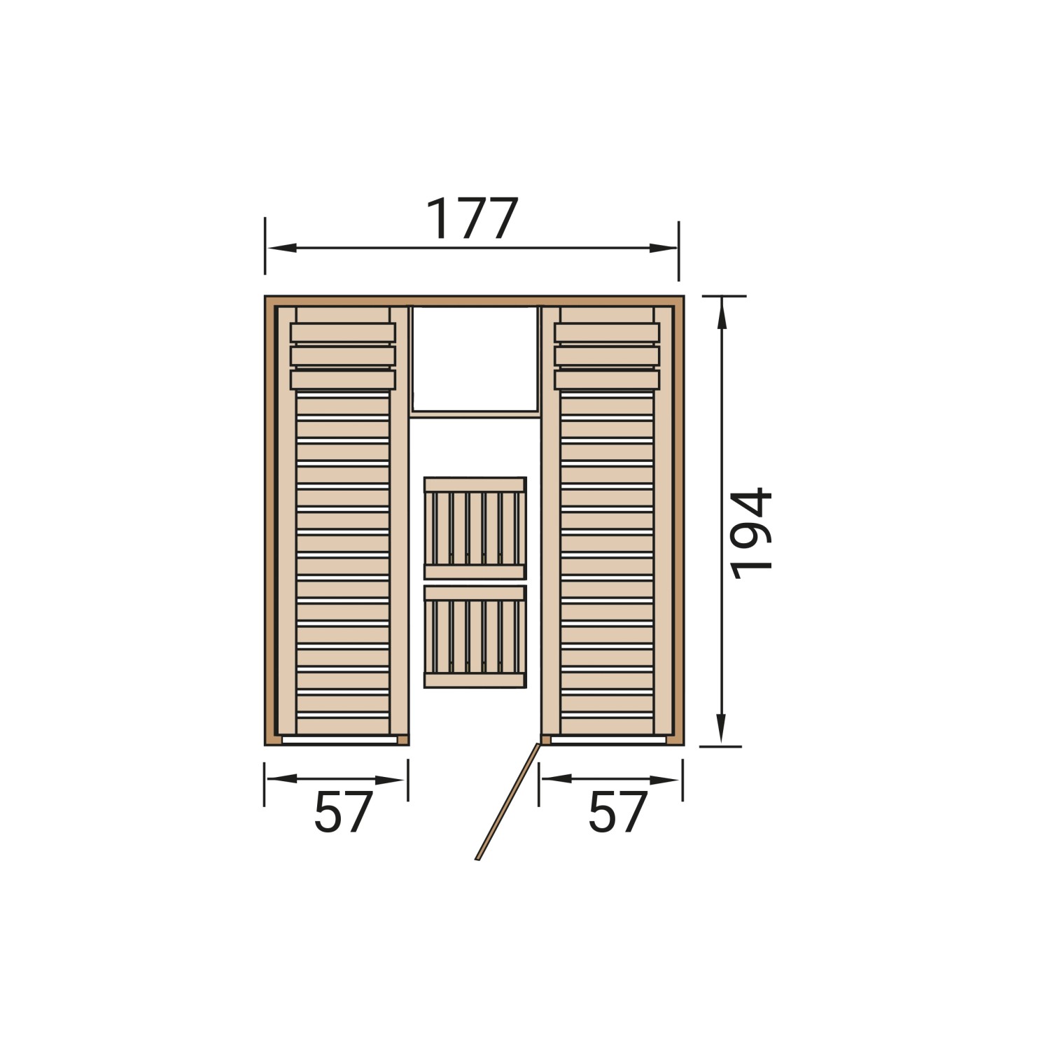 Grundriss der Weka Elementsauna Kaarina 2: Nischensauna aus Fichtenholz mit Glastür, Maße 177x194x57 cm.