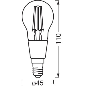 Osram Matter E14 LED-Lampe in Tropfenform, dimmbar, 4W, mit Maßangaben.