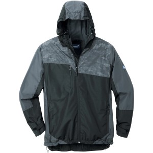 Scheibler Regenjacke Amper, schwarz-graue Arbeitsjacke mit Kapuze und Reflektoren.