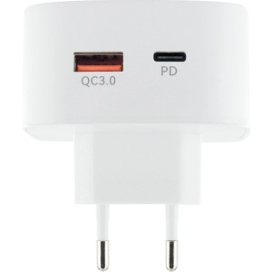 Weißer Schwaiger Ladeadapter mit Eurostecker, USB-C PD und USB-A QC3.0 Anschlüssen. Handy-Zubehör.