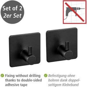 Wenko Wandhaken Ureo 2er-Set, Edelstahl rostfrei, schwarz, zur flexiblen Anbringung ohne Bohren.