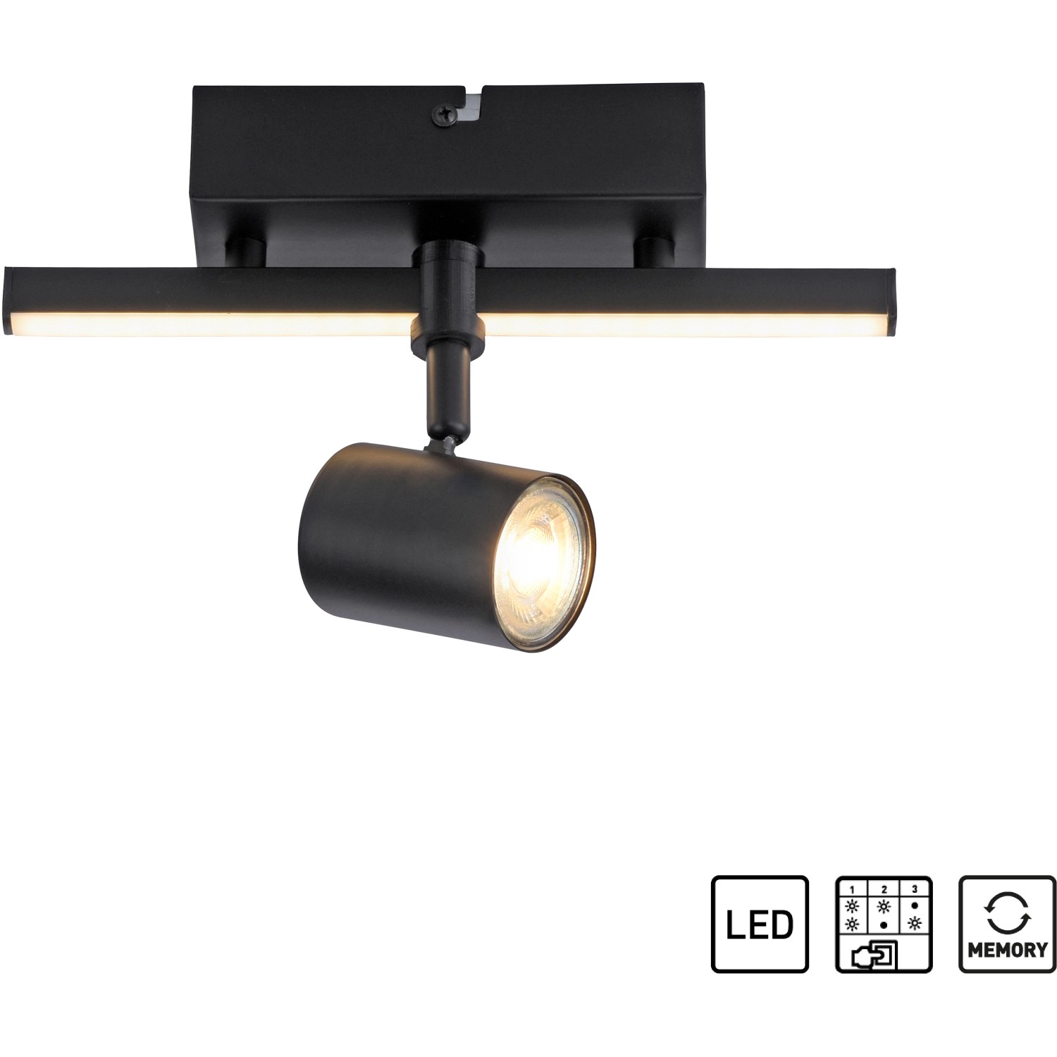 Moderne, schwarze LED-Wand- und Deckenleuchte Barik mit schwenkbarem Spot.