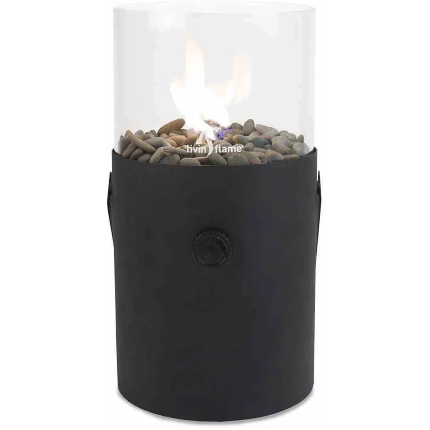 Schwarze Cosi Gaslaterne Cosiscoop mit Glaszylinder und Kieselsteinen, Terrassenheizer.