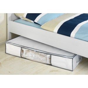 Weiße Wenko Vakuum Unterbett-Box zur Textilaufbewahrung unter einem Bett. Platzsparend mit Vakuum-Tasche.