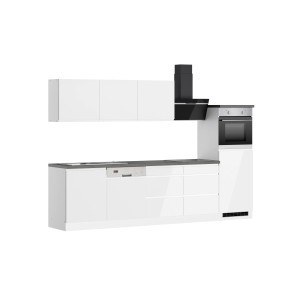 Moderne Küchenzeile Gera 300 cm in Weiß/Beton mit E-Geräten wie Herd, Ofen und Geschirrspüler.