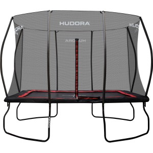 Rechteckiges Hudora Gartentrampolin 4square 215 x 305 cm mit Sicherheitsnetz.