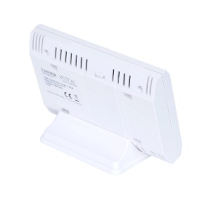 Vasner Funk-Raumthermostat VFT35 in Weiß, Rückansicht mit Standfuß. Heizungssteuerung für Elektroheizgeräte.