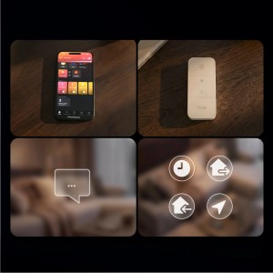 Smartphone mit Hue App, Dimmer, Sprachsteuerung & Automatisierungs-Icons für Philips Hue Festavia smarte Lichterkette.