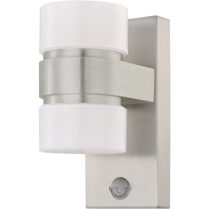 Moderne Eglo LED-Außenwandleuchte Atollari mit Bewegungsmelder, Edelstahl/weiß.