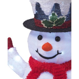 LED Schneemann Figur mit schwarzem Zylinder, rotem Schal, orangefarbener Nase und leuchtenden LEDs. Für Außen-Weihnachtsdeko mit Timer.