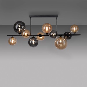 Schwarze Paul Neuhaus Deckenleuchte Popsicle mit 10 Amber- und Rauchglas-Kugeln.