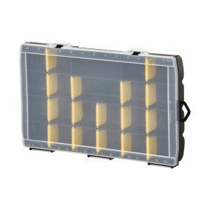 Schwarzer STANLEY Organizer mit transparentem Deckel, 22 gelben Fächern und Lineal für Kleinteile. Aufbewahrungssystem.
