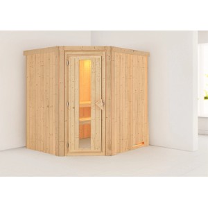 Karibu Sauna Natur aus Fichte mit Glastür und zwei Liegen. Massivholzsauna für entspannte Stunden.