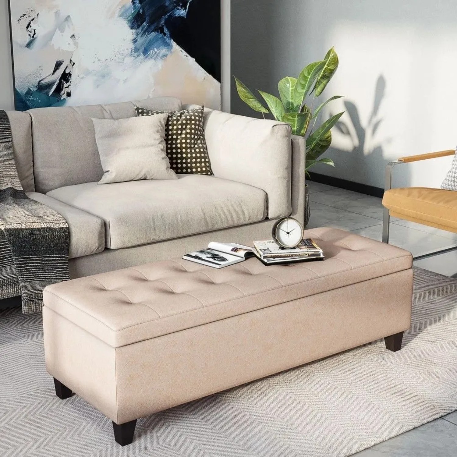 HOMCOM Sitzbank mit Stauraum, beige Leinenoptik, Knopfheftung. Elegante Polsterbank für Wohnzimmer, Schlafzimmer.