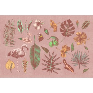 Fototapete mit Blumen, Flamingo, Blättern in Rosa und Grün. FSC®-zertifiziert.