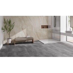 Verlegtes Check One Click-Vinyl Mettingen Beton im Badezimmer.