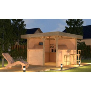 Weka Gartenlaube Rimini mit Flachdach, Tresen und Gartenmöbeln für entspannte Gartenpartys.