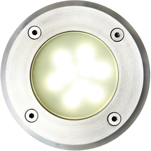 Runde Lutec Bodeneinbauleuchte Berlin aus Edelstahl, 11 cm Durchmesser. Bodeneinbaustrahler für Terrasse und Einfahrt.