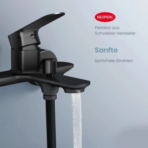 Schwarze Emke Wannenarmatur, Einhebelmischer, mit fließendem Wasser. Neoperl Perlator für sanfte, spritzfreie Strahlen.
