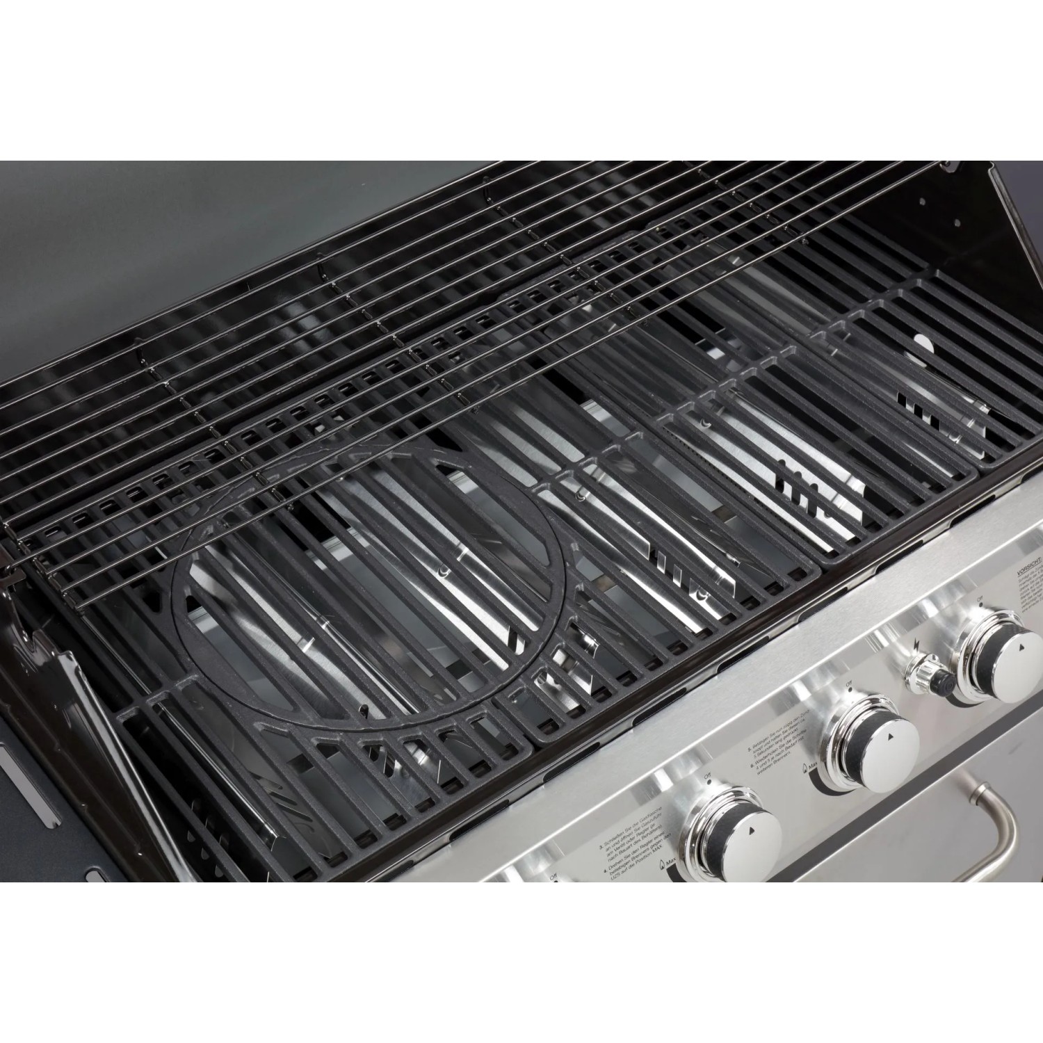 Detailaufnahme: Grillrost und Brenner des El Fuego Edelstahl-Gasgrills Long Beach.