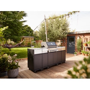 Jamestown Unterschrank Modul für KNOX Outdoorküche, schwarz, mit Edelstahl-Ablage.