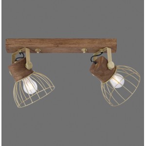 Just Light Wandlampe Alami, 2-flammig, Messing matt und Holz. Deckenleuchte mit Lampenschirmen aus Draht.