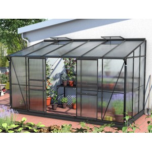 Vitavia Gewächshaus Ida 7800, schwarzes Anlehngewächshaus mit Pflanzen auf 7,8 m² Fläche.