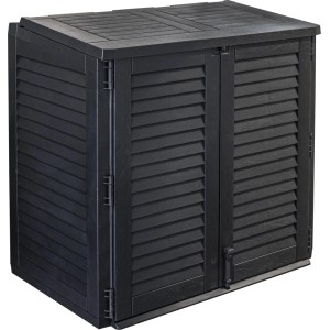 Graue Maxibox mit 2 Türen, 117x74x110 cm, zur Aufbewahrung im Garten oder Haushalt.