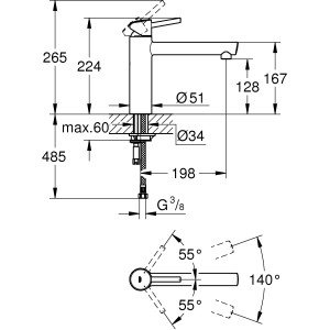 Technische Zeichnung: Grohe Concetto Küchenarmatur, Chrom, mit Maßen und Schwenkbereich.