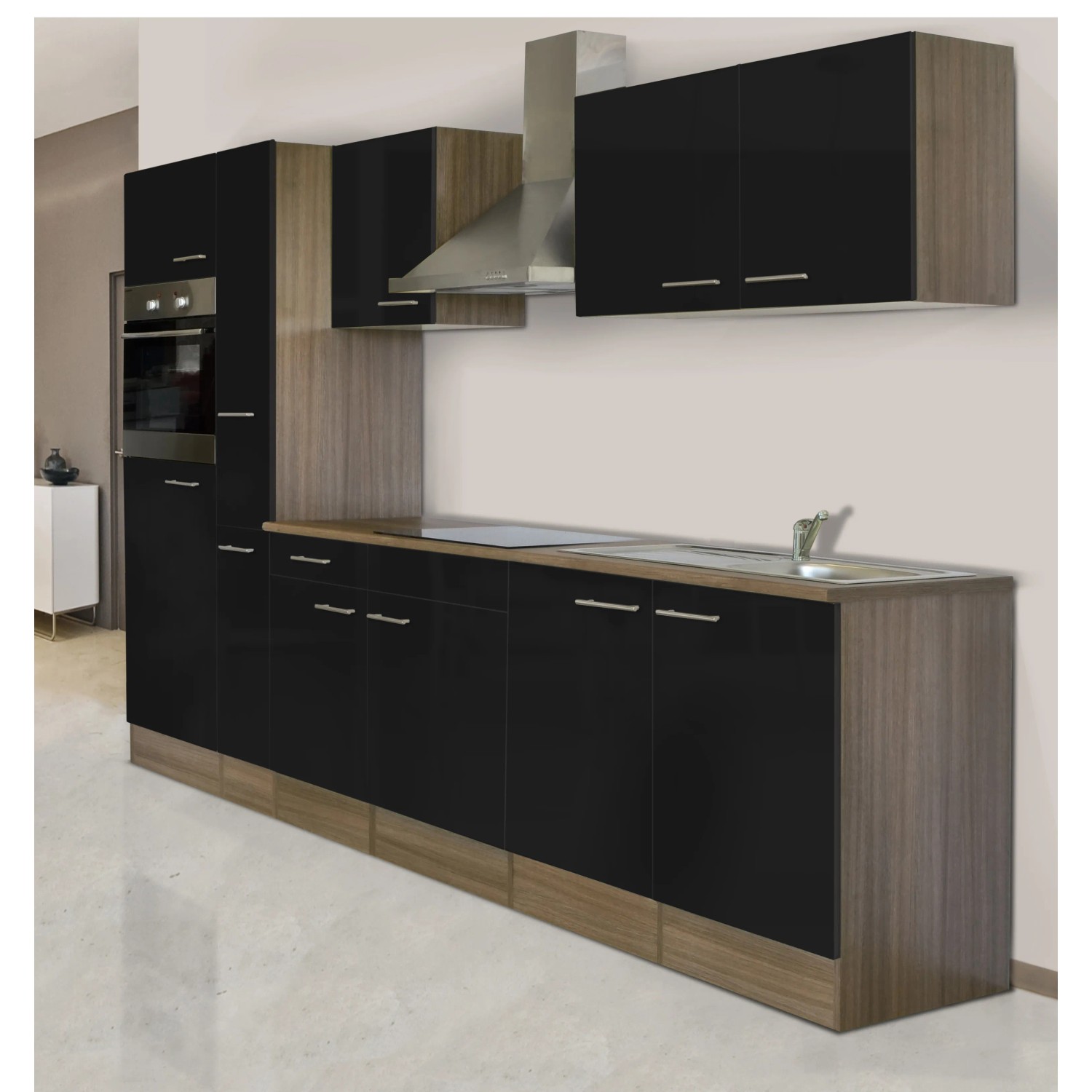 Respekta Küchenzeile KB300EYS, 300 cm, Schwarz Seidenglanz/Eiche York Nachbildung, mit E-Geräten.