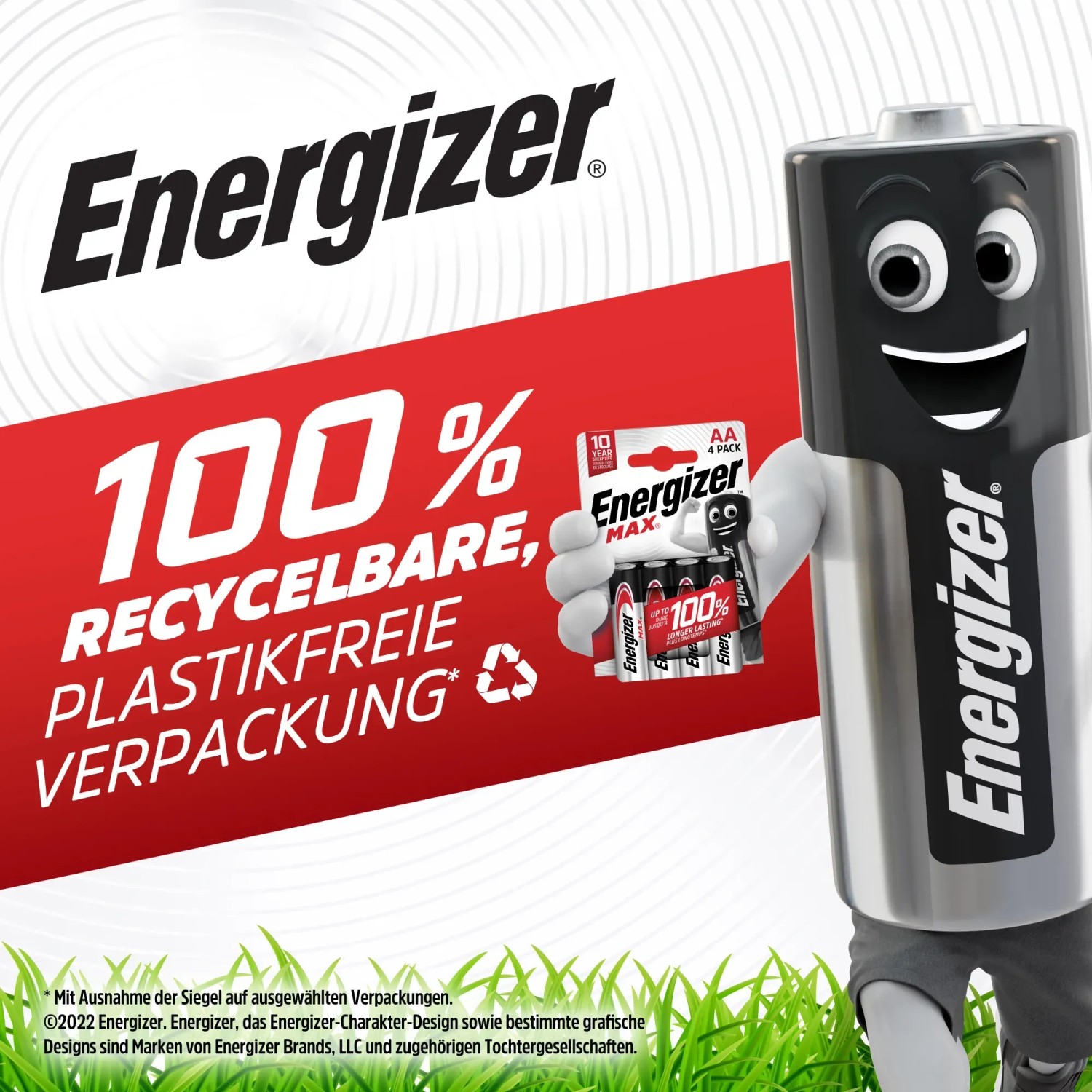 Energizer Max Mignon AA Batterien, 12er Pack mit Maskottchen und Hinweis auf 100% recycelbare Verpackung.