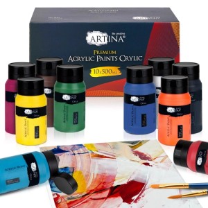 Artina Crylic Acrylfarben Set, 10 Farben à 500ml, Künstlerfarben für hohe Deckkraft und Farbbrillanz.