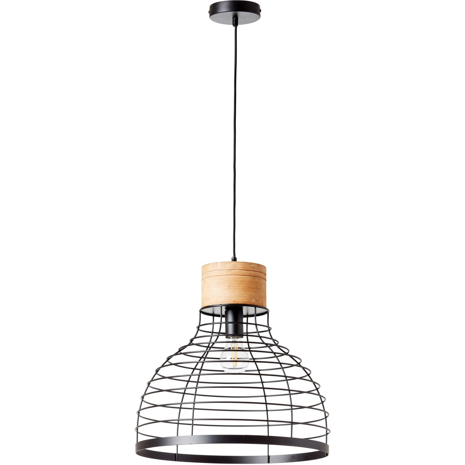 Schwarze Brilliant Pendelleuchte Avia Ø 47 cm mit Holzelement und Drahtschirm.