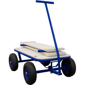 Blauer Sunny Bollerwagen Billy Beach Wagon mit Holzaufbau und Luftreifen.