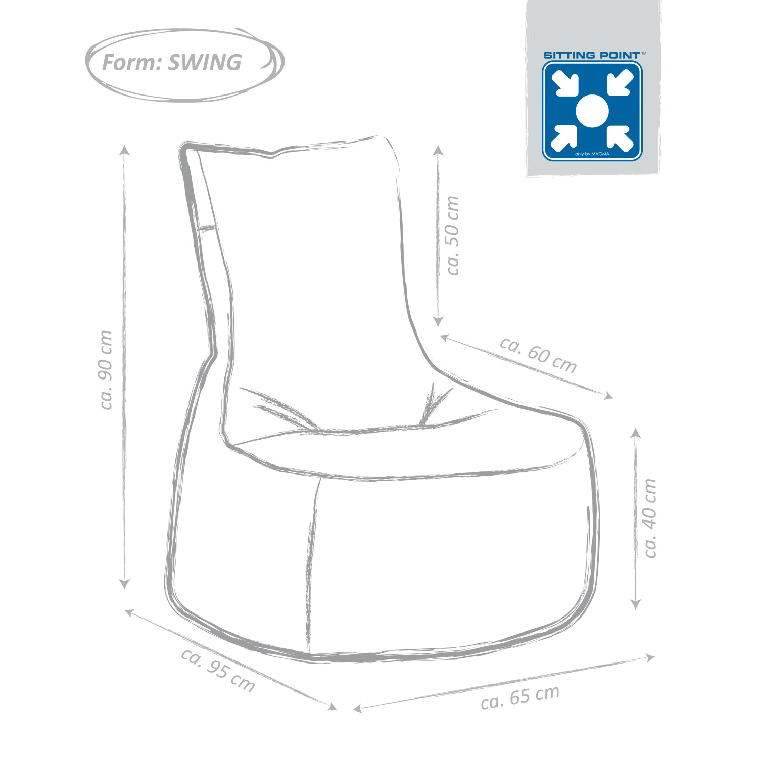 Skizze Sitting Point Sessel Outside Anthrazit mit Maßangaben. Bequemer Sitzsack für Innen & Außen.