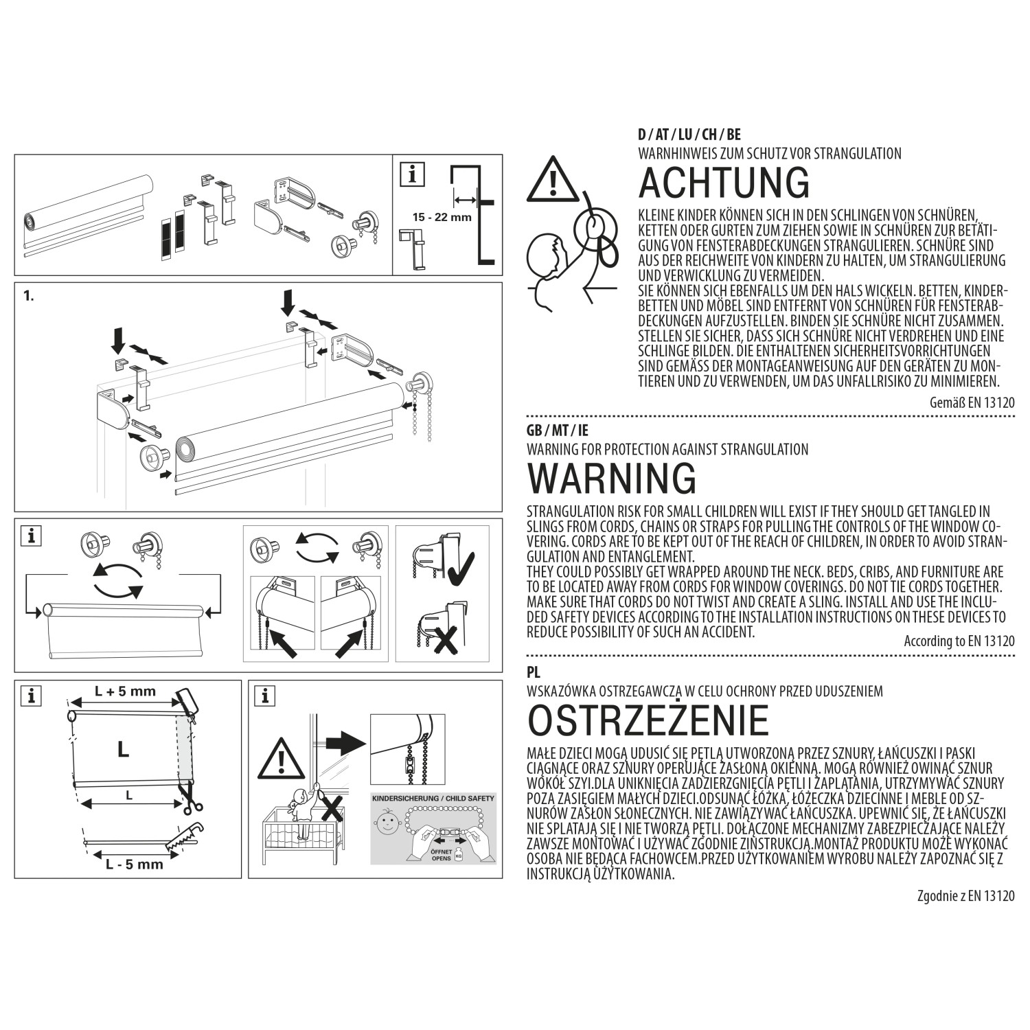 Anleitung zur Montage des Gardinia EasyFix Rollos, inklusive Warnhinweise zur Kindersicherheit.