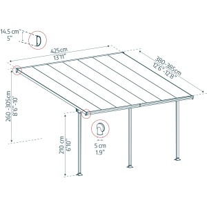 Technische Zeichnung: Palram Canopia Terrassenüberdachung Feria Anthrazit 4x6.06 mit Maßangaben.
