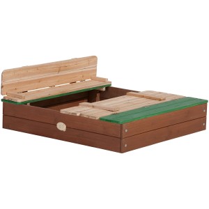 Axi Ella Sandkasten aus Holz, braun mit grünen Akzenten, mit Deckel und Sitzbänken.