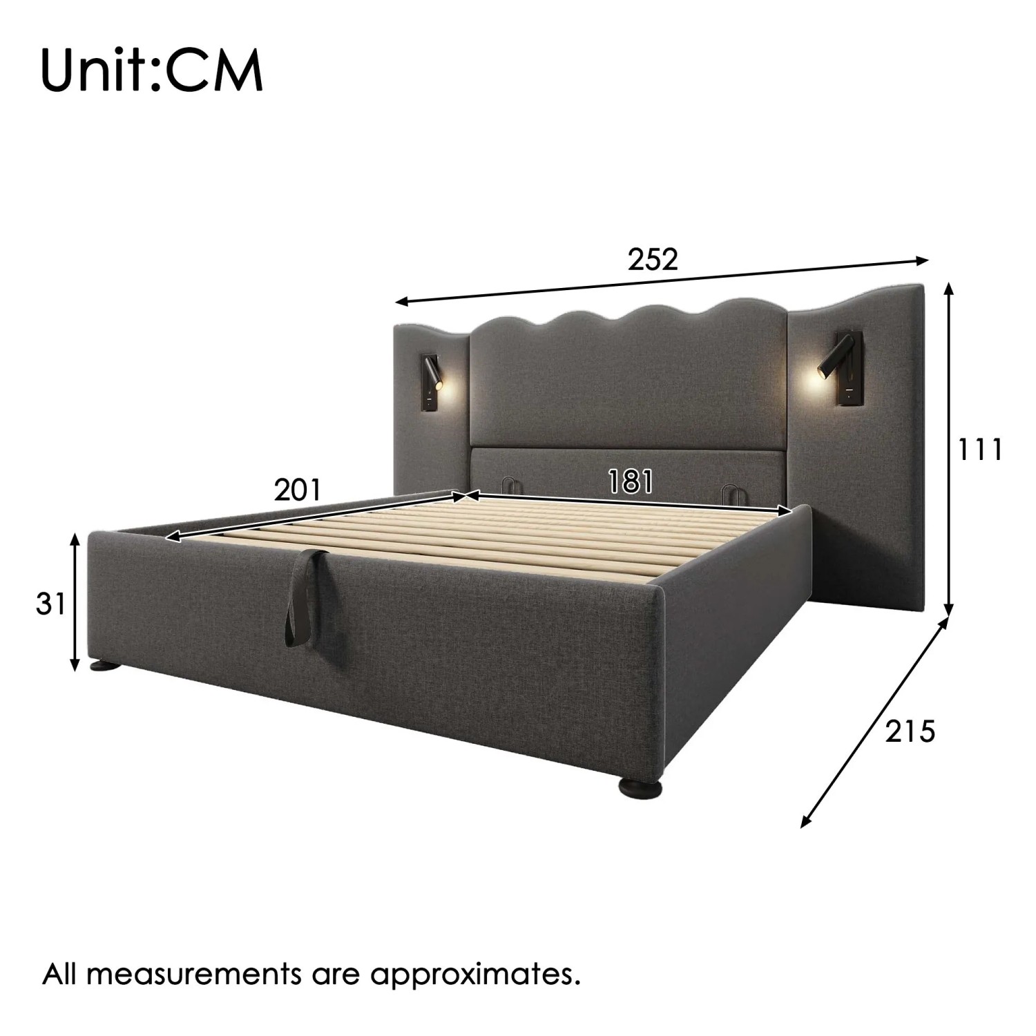 okwish Polsterbett 180x200cm mit Stauraum Doppelbett Grau ohne Matratze_5