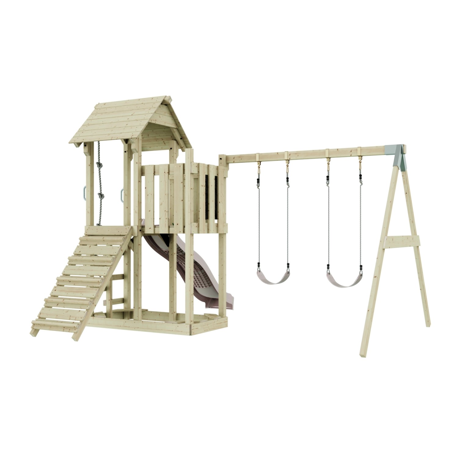 PolarPlay Kinderschaukel Uppsala in Altrosa: Spielturm mit Rutsche, Schaukel und Kletterelementen aus Holz.