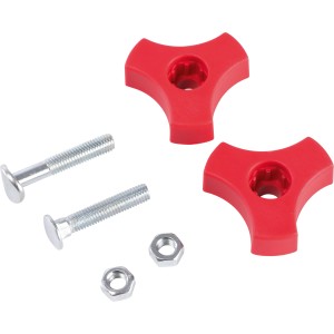 Schraubenset für Benzin-Rasenmäher: 2 rote Knebel, Schrauben und Muttern für die Holm-Fixierung.