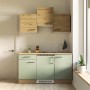 Flex-Well Singleküche Cara 150 cm in Schilfgrün/Artisan Eiche mit Kühlschrank und Kochfeld.