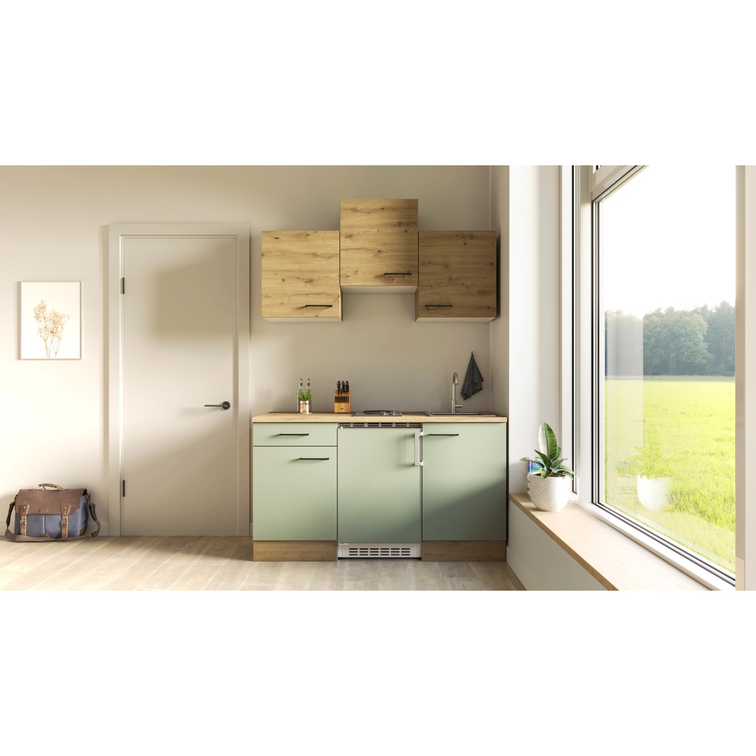 Flex-Well Singleküche Cara 150 cm in Schilfgrün/Artisan Eiche mit Kühlschrank und Kochfeld.