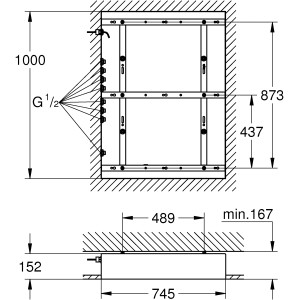 Technische Zeichnung Grohe Rainshower F-Series 40 Rohbau-Set, Maße und Anschlüsse für Kopfbrause.